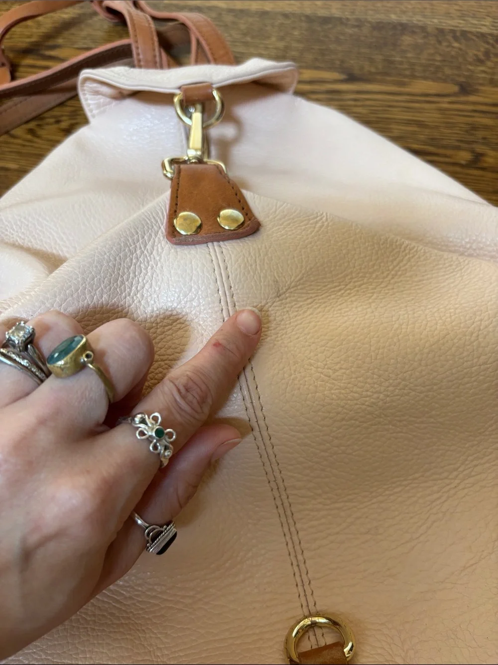 Blush Pink soft Leather Drawstring Multi Backpack w Tan Trim Valentina Italia